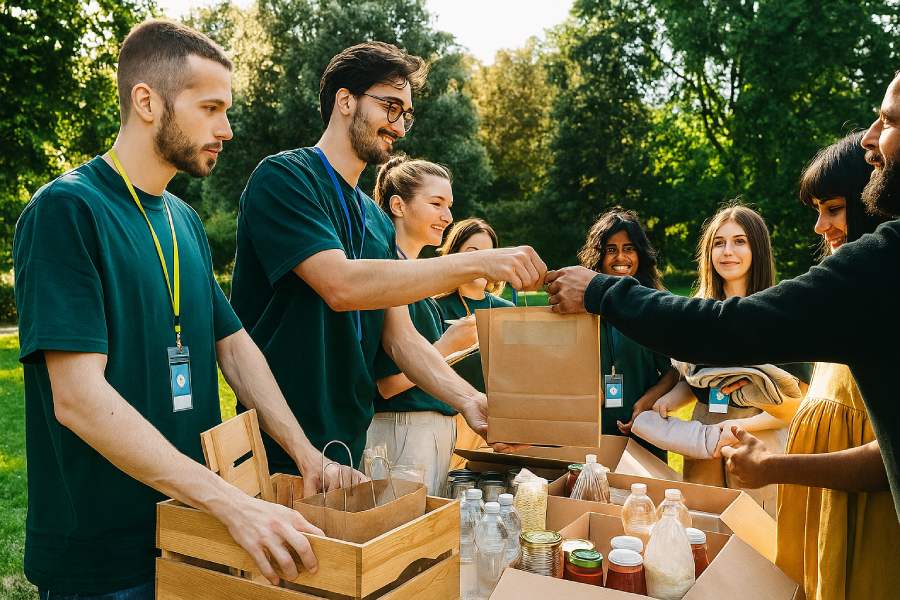 Volunteers distributing food and supplies at a community event, showcasing teamwork and support for nonprofits in the Bay Area.