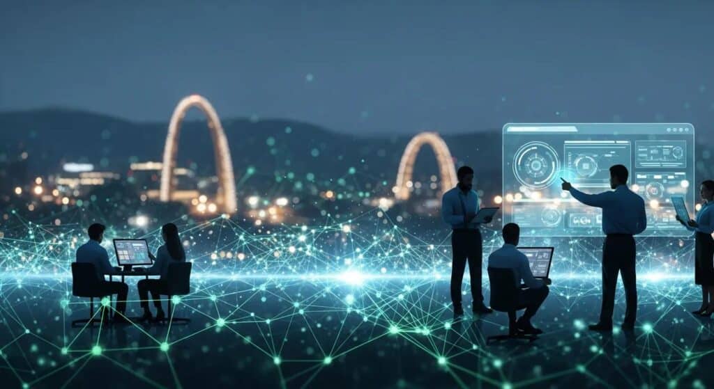 Business professionals collaborating on emergency IT solutions with digital interfaces, city skyline in the background, symbolizing connectivity and support for Gilroy businesses.