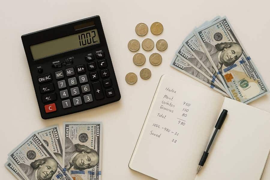 Calculator displaying 1002, arranged cash, coins, and a notebook with financial notes, symbolizing accounting and financial management for IT services in San Jose.