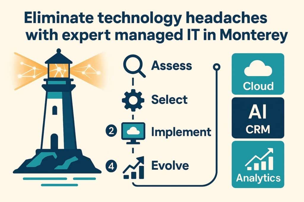 Lighthouse symbolizing expert managed IT services in Monterey, featuring steps: Assess, Select, Implement, Evolve, with icons for Cloud, AI, CRM, and Analytics, emphasizing technology support.