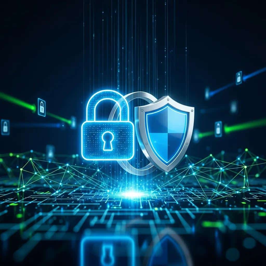 Digital shield and lock graphic representing cybersecurity and data protection
