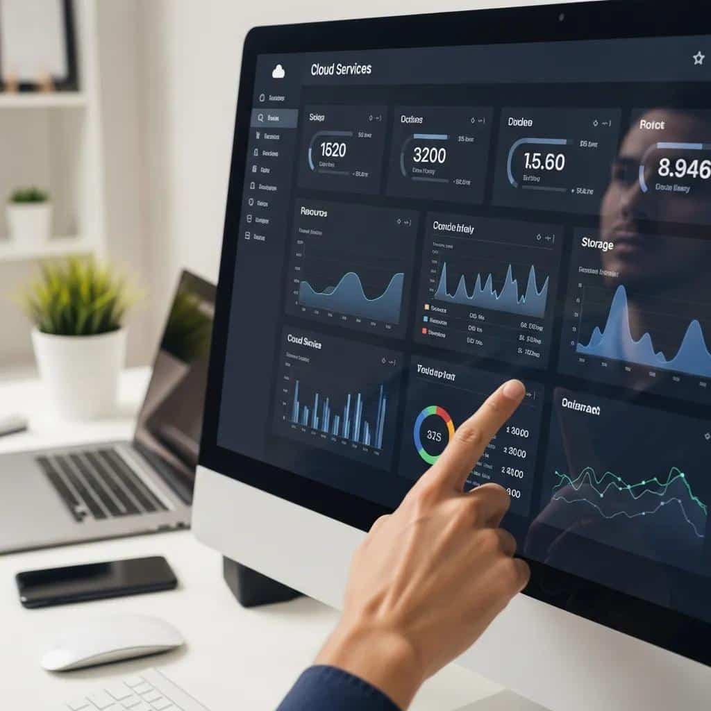 Close-up of a computer screen displaying a cloud services dashboard with analytics, graphs, and performance metrics, illustrating technology interaction and IT management solutions.