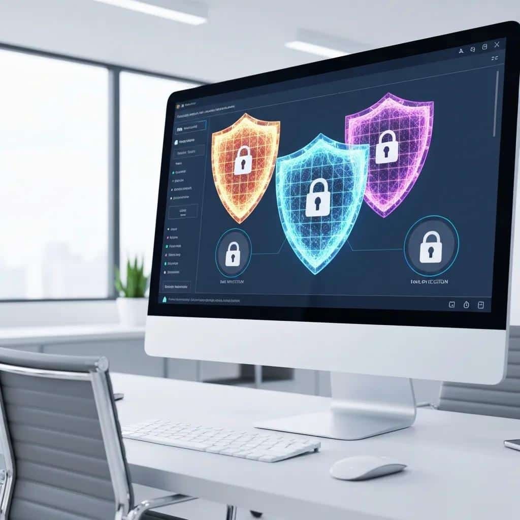 Close-up of security dashboard on a screen, illustrating data protection tools