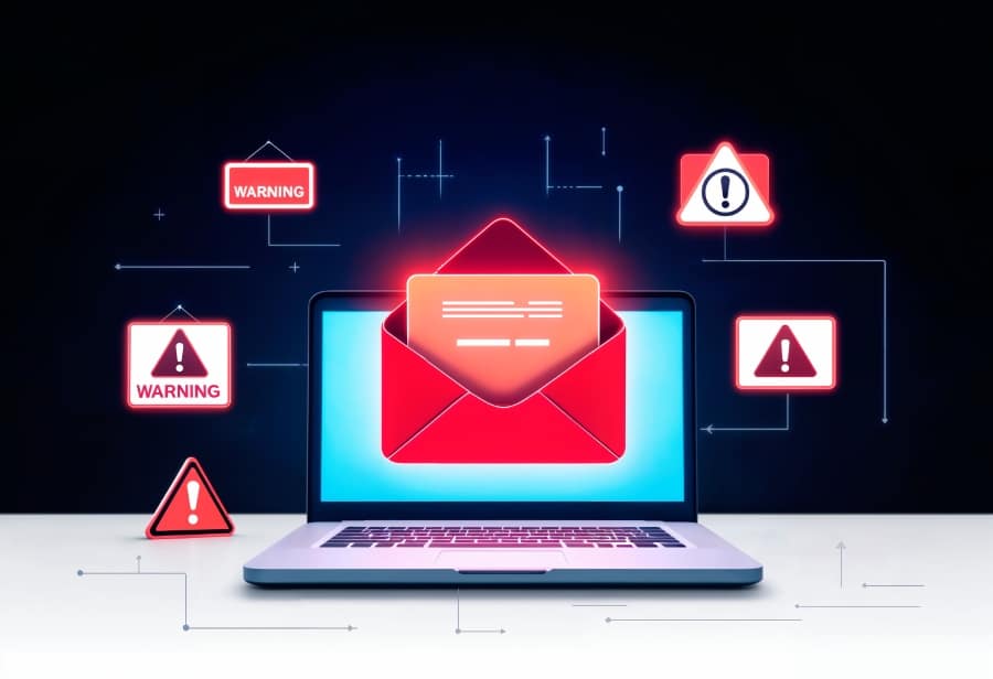 Laptop displaying a red email icon with warning symbols, representing cybersecurity threats like phishing and social engineering in email communications.