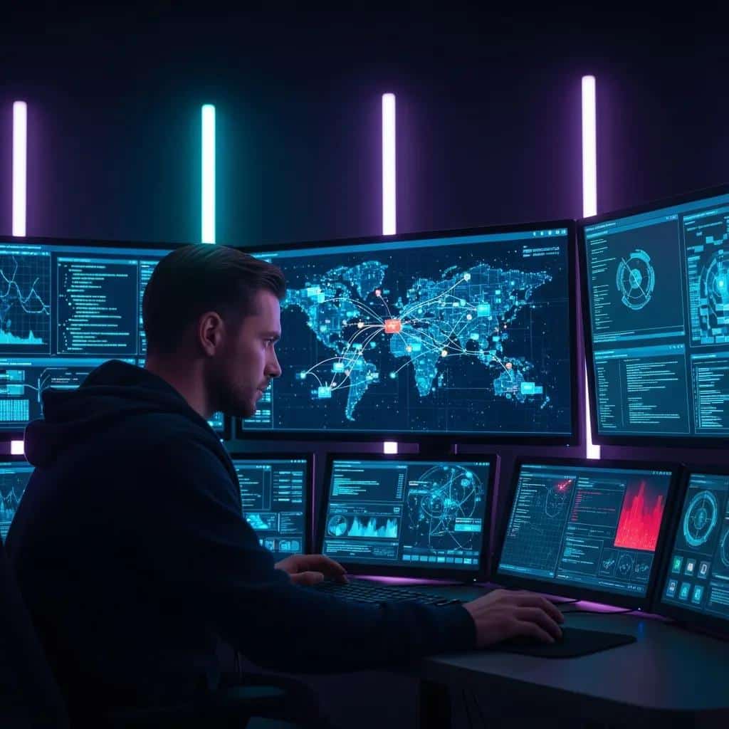 Cybersecurity professional analyzing data on multiple screens, emphasizing network monitoring and threat detection in a high-tech environment.