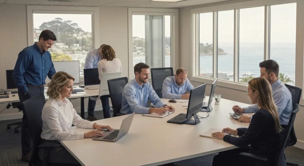 Team of professionals collaborating in a modern office with coastal views, engaged in IT tasks using laptops and computers, reflecting SRS Networks' commitment to enhancing local business productivity.
