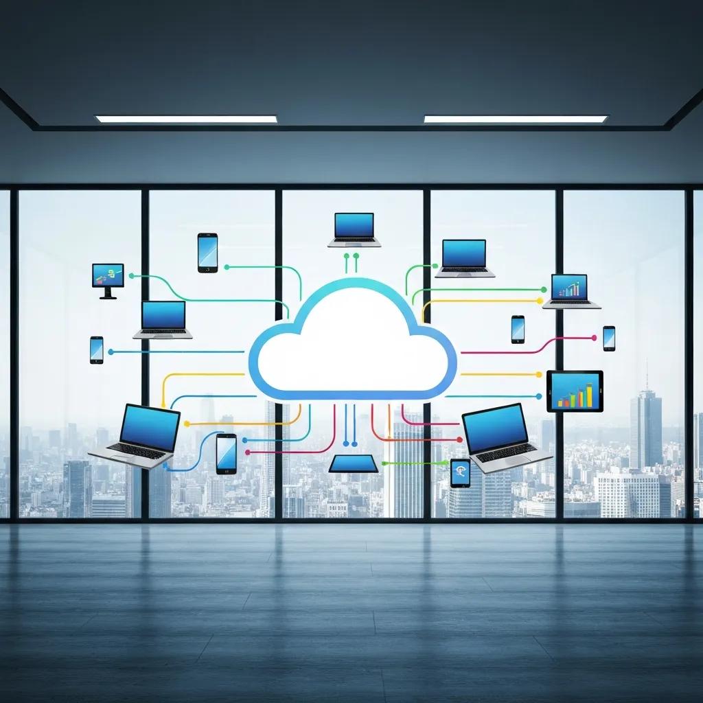 Graphic of cloud services connecting devices, showing cloud solutions for businesses