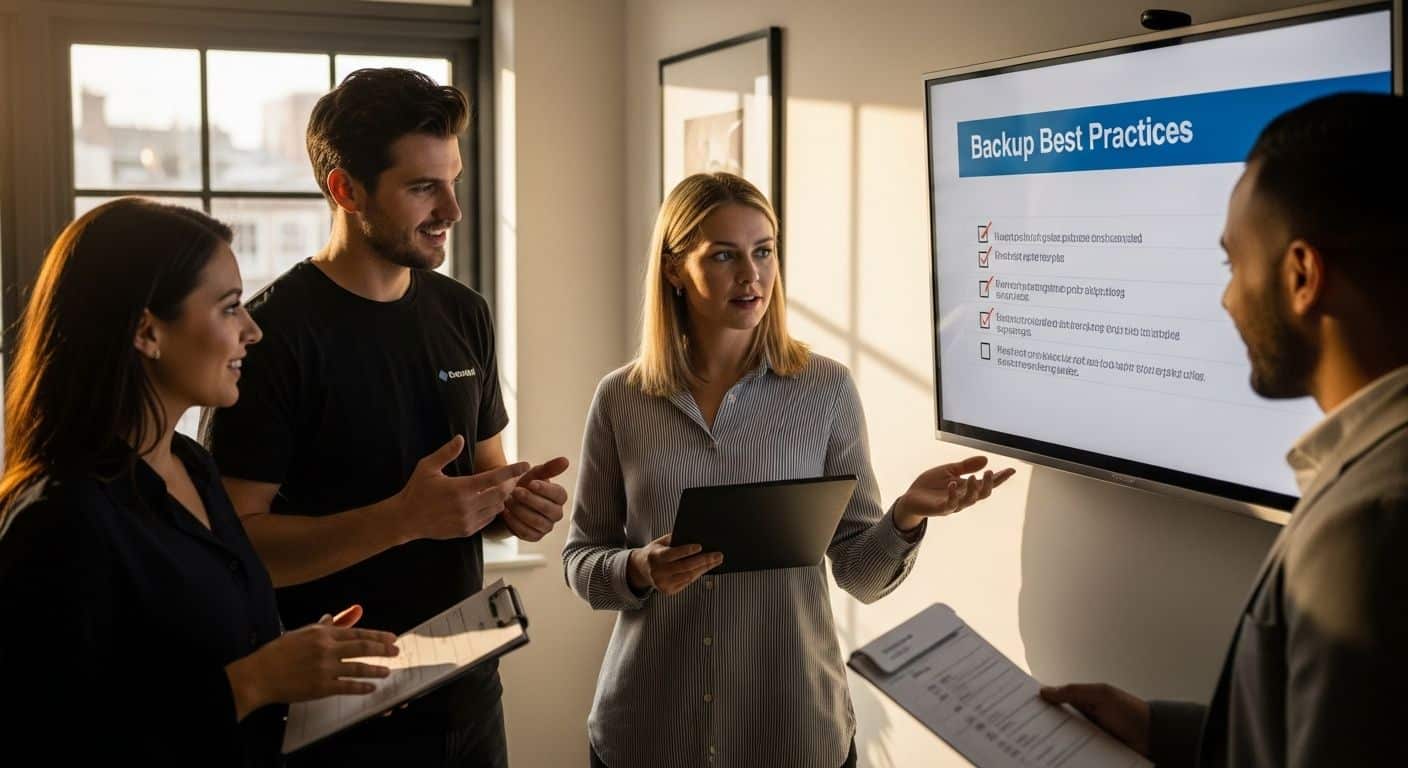 ```json { "alt": "Group of four people in an office discussing backup best practices displayed on a screen.", "title": "Office Meeting on Backup Best Practices" } ```