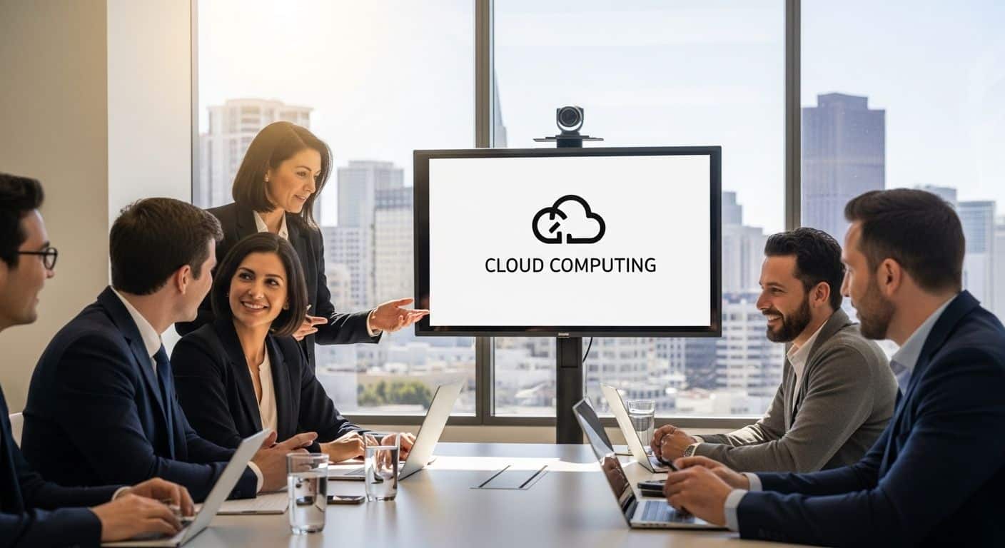 ```json { "alt": "Business meeting with presentation on cloud computing.", "title": "Business meeting presenting on cloud computing." } ```