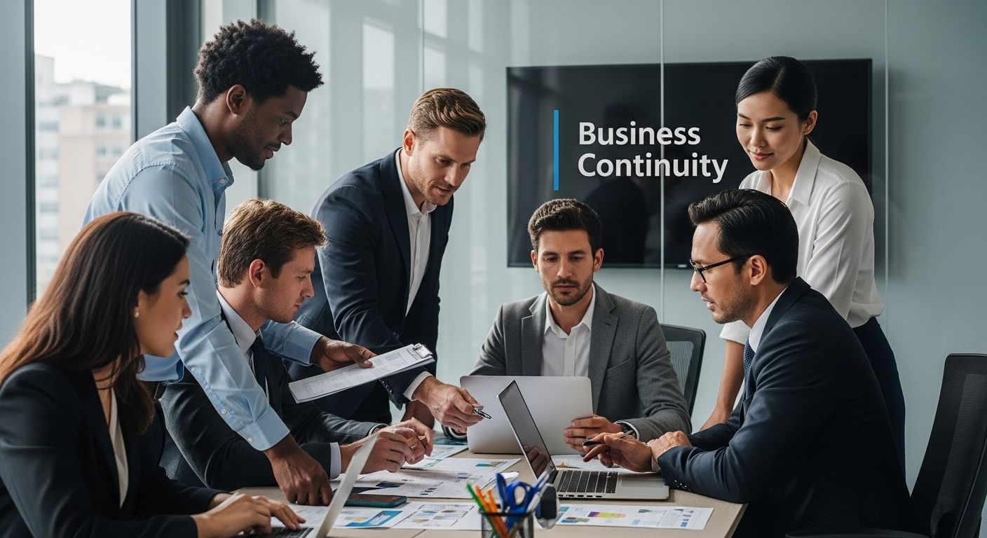 A diverse group of business professionals in a meeting discussing reports with a screen displaying 'Business Continuity'.