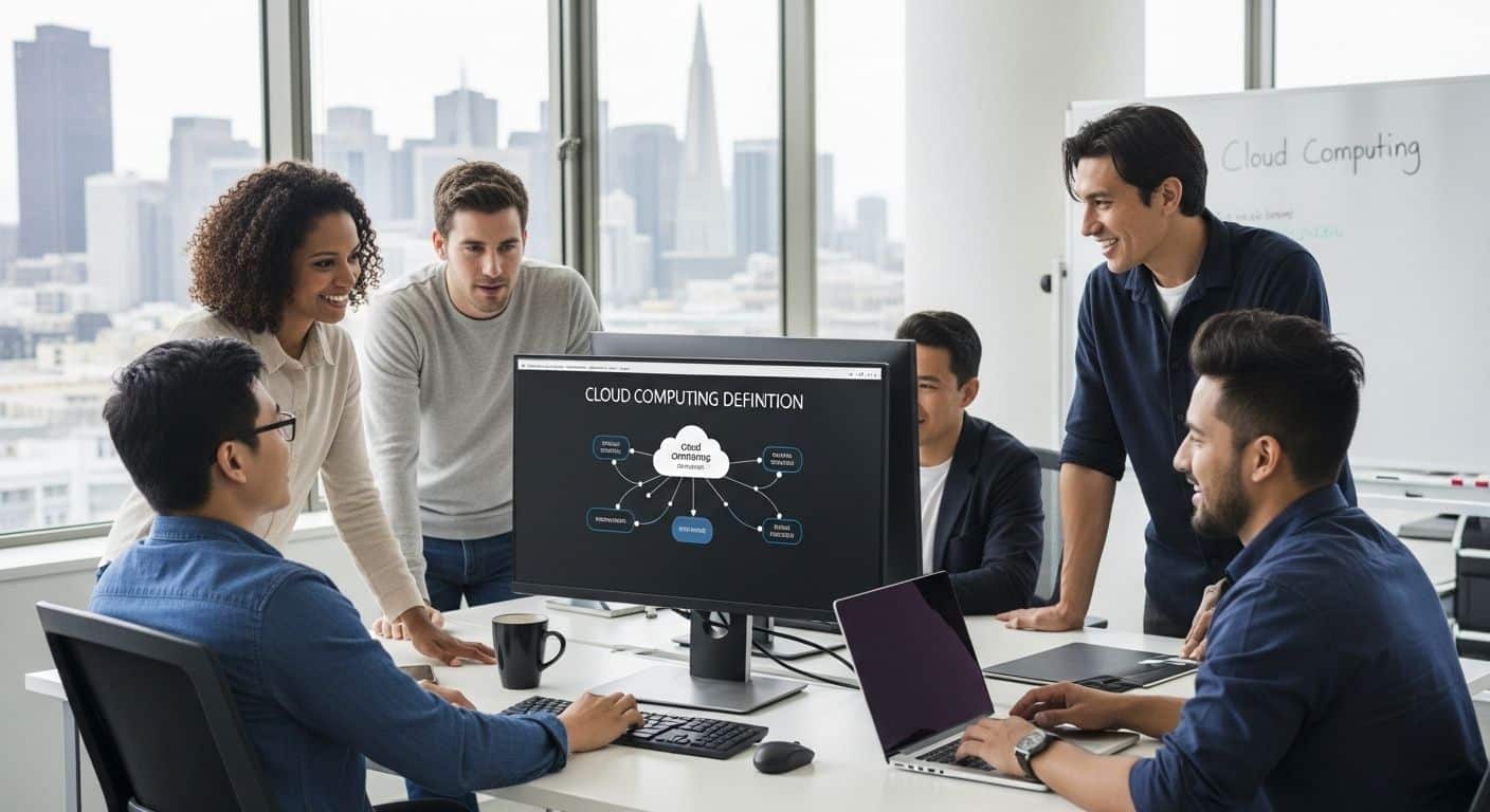 ```json { "alt": "A group of colleagues discussing cloud computing in a modern office.", "title": "Team meeting on cloud computing strategy" } ```