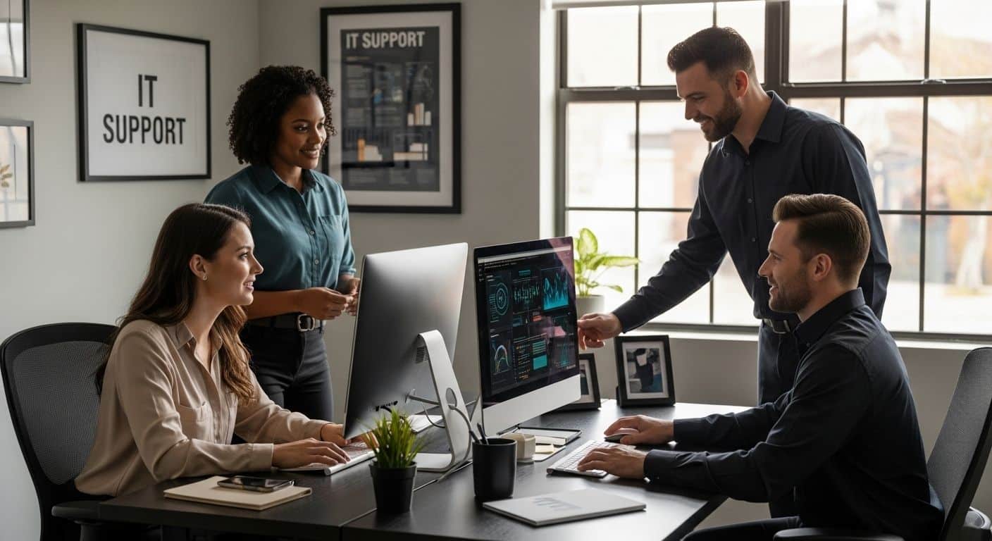 ```json { "alt": "Four colleagues collaborating in an office with computers showing data analysis on screens.", "title": "Team Collaboration in IT Support Office" } ```