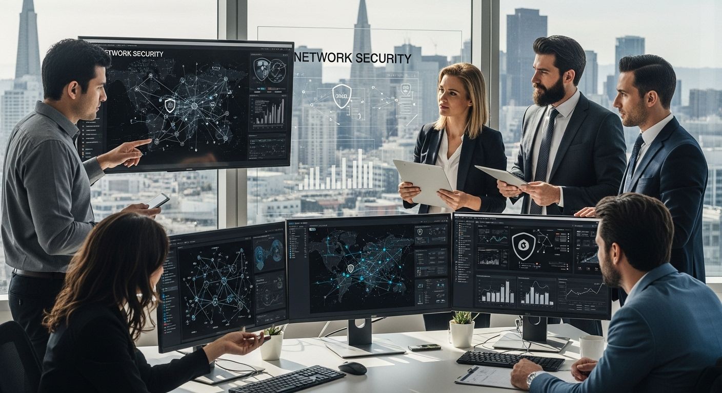 ```json { "alt": "Business professionals discussing network security in a modern office with screens displaying data.", "title": "Office Meeting on Network Security" } ```