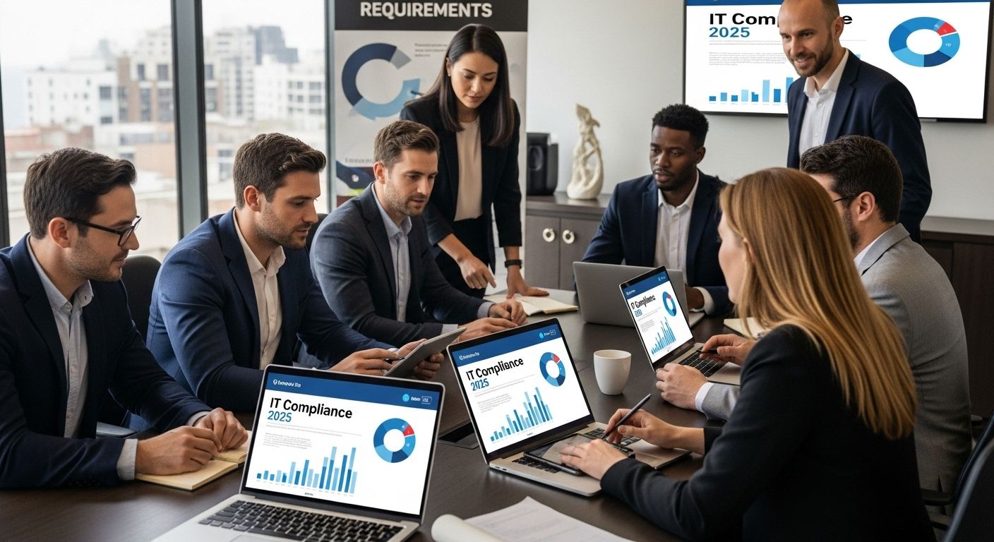 ```json { "alt": "Group of professionals in a meeting discussing IT compliance with laptops displaying charts.", "title": "Business meeting on IT compliance strategies" } ```