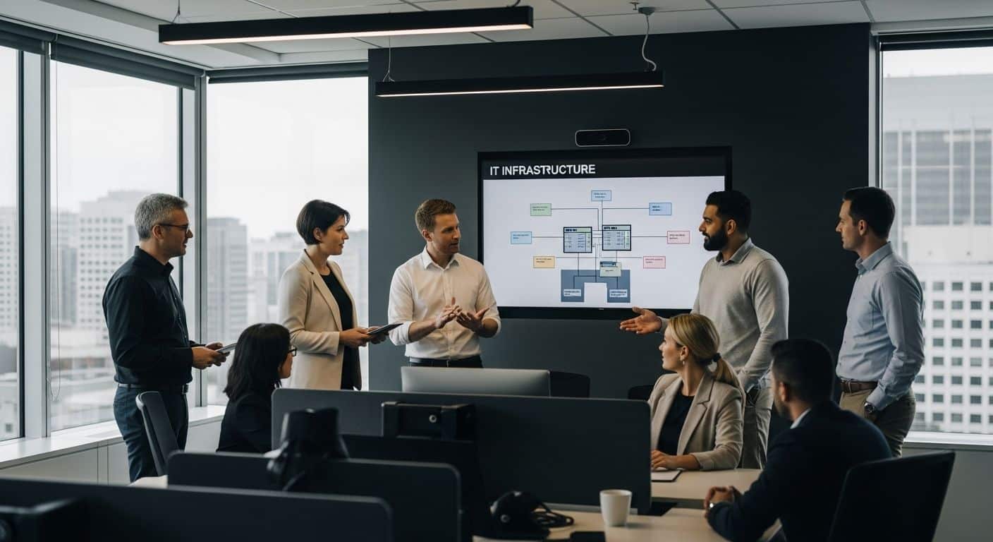 ```json { "alt": "Group of professionals discussing IT infrastructure in a conference room.", "title": "Business Meeting on IT Infrastructure" } ```