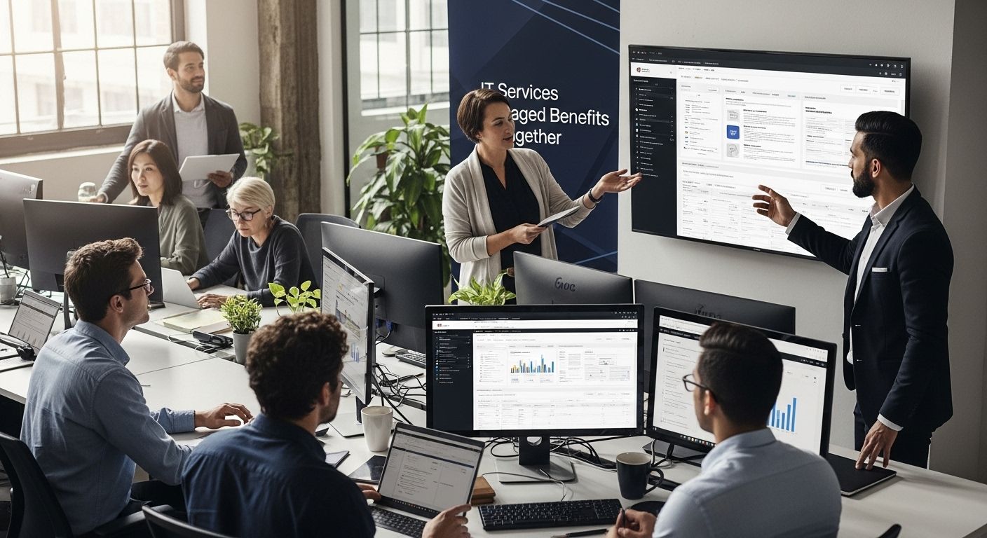 Office team having a discussion with data charts on screen.