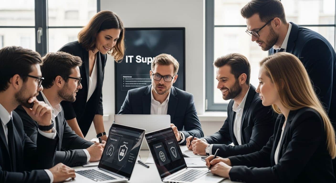 ```json { "alt": "Group of professionals having a meeting around a table with laptops.", "title": "Business Meeting with IT Support Team" } ```