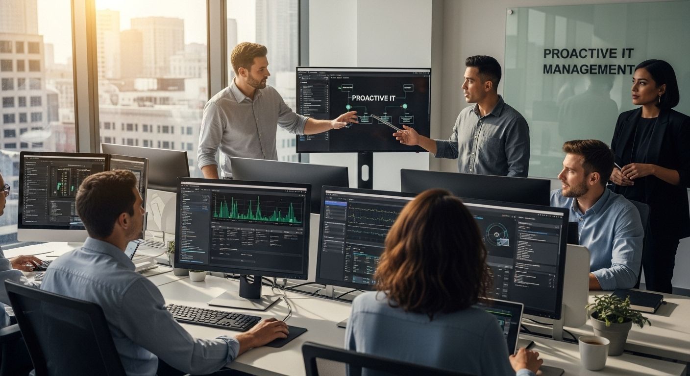 ```json { "alt": "Office team discussing IT solutions with multiple monitors displaying data.", "title": "Team collaboration on IT management strategies." } ```
