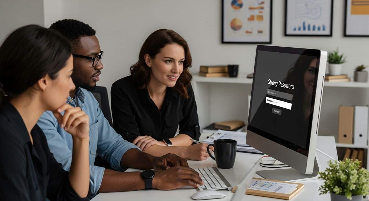 ```json { "alt": "Three people collaborating in front of a computer displaying a 'Strong Password' login screen.", "title": "Teamwork on Computer Security" } ```