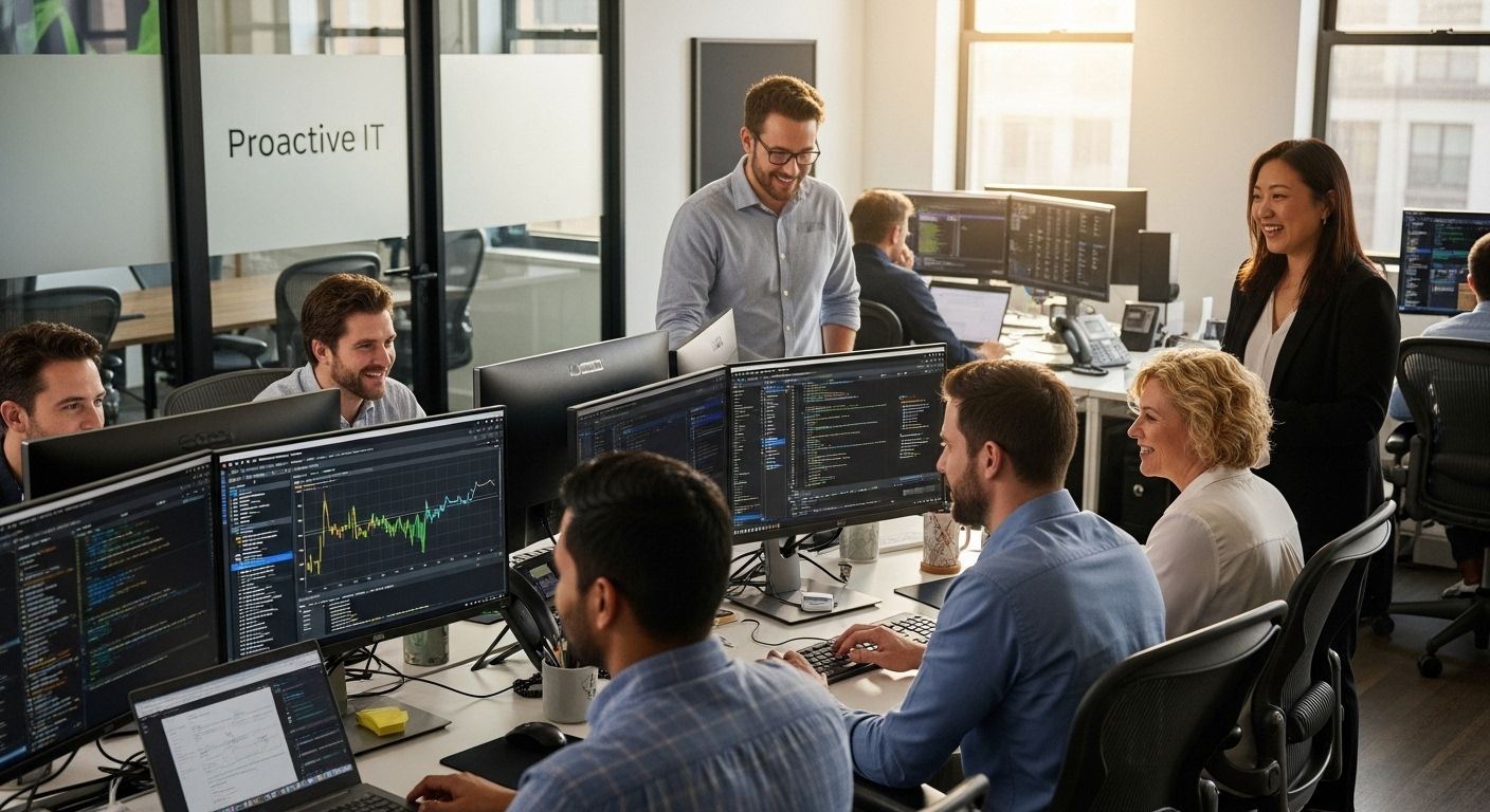 ```json { "alt": "A team of professionals collaborating in a modern office with multiple computer monitors.", "title": "Team Collaboration in Modern Office with Computer Monitors" } ```