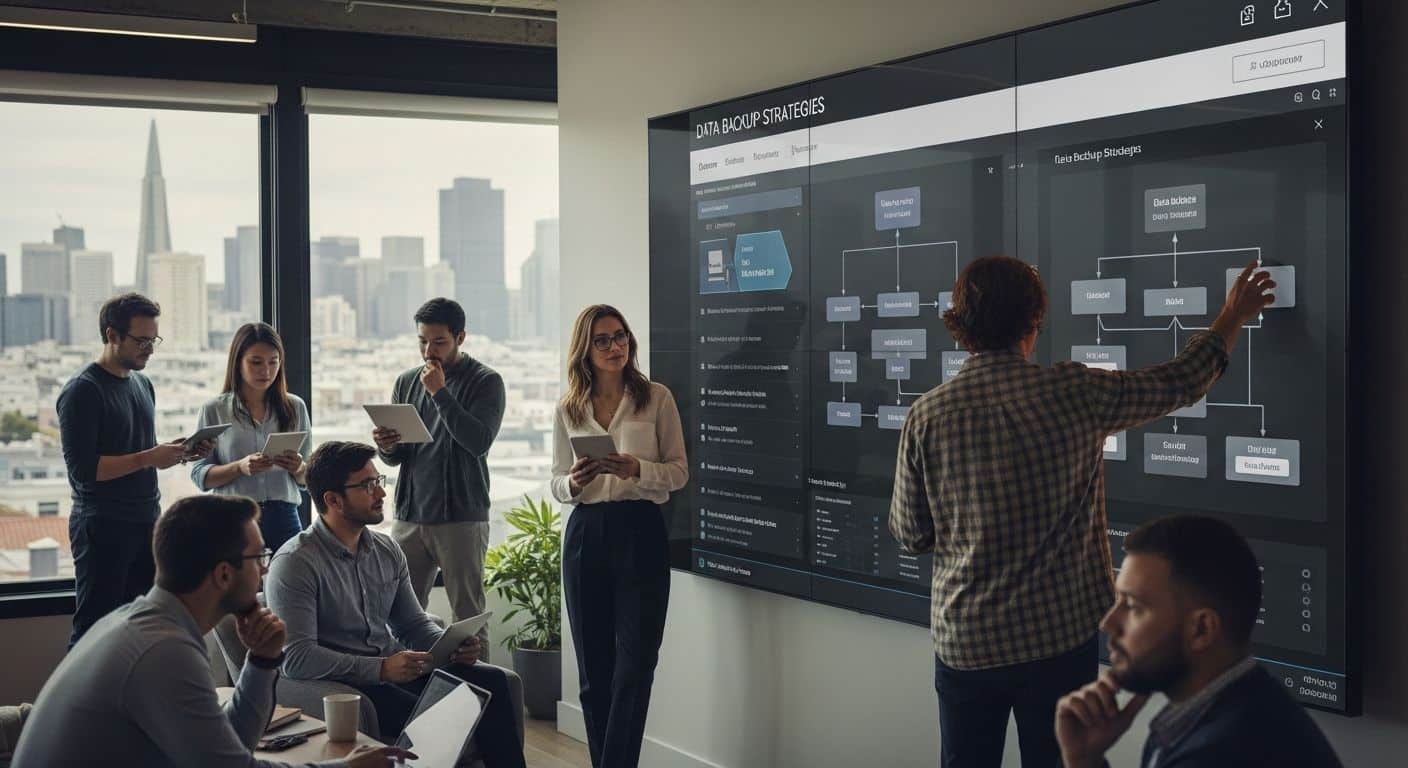 A group of people in an office discussing data backup strategies using a large digital screen.