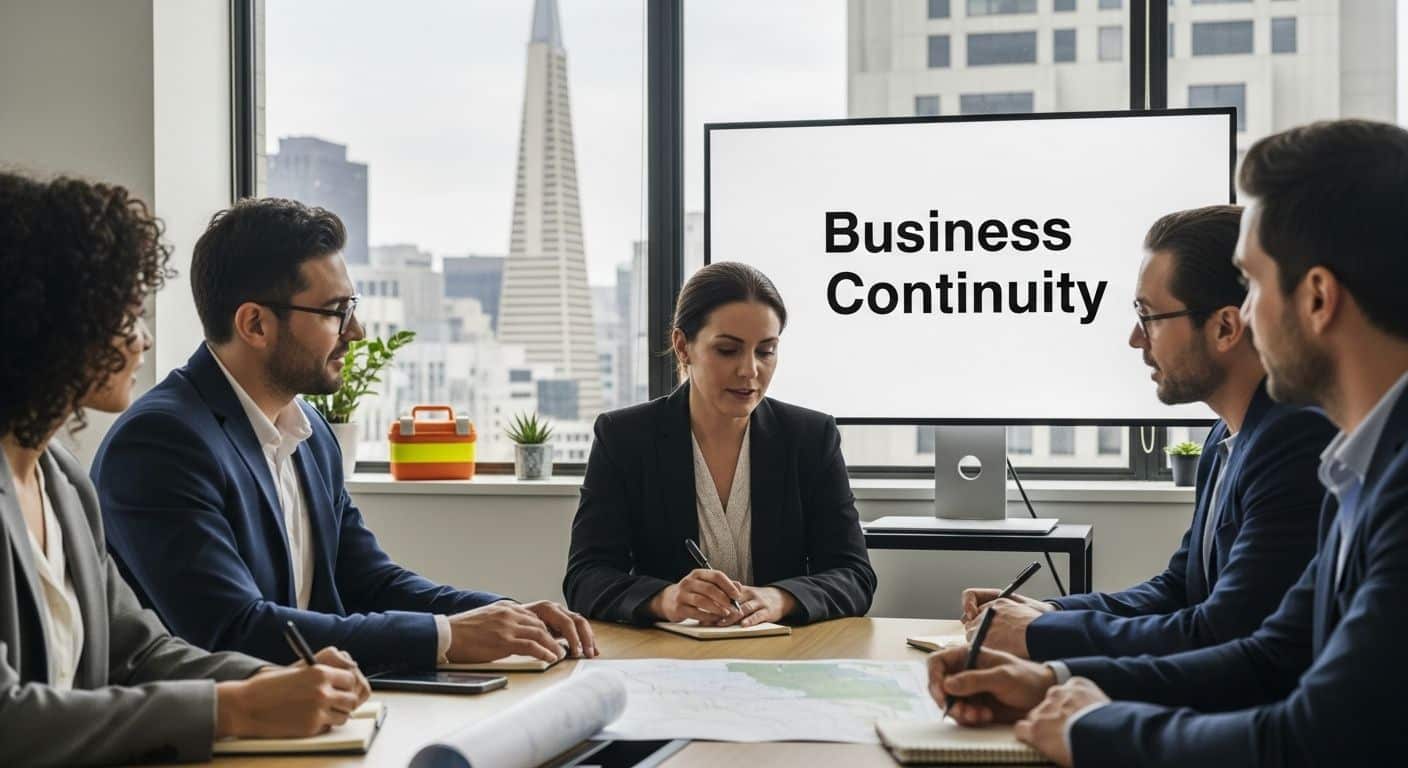 ```json { "alt": "Business meeting with people discussing and a screen displaying 'Business Continuity'.", "title": "Business Meeting on Continuity" } ```