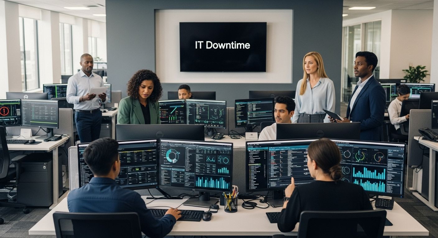 ```json { "alt": "Office workers in a command center with multiple computer screens and 'IT Downtime' displayed on a monitor.", "title": "Command Center During IT Downtime" } ```