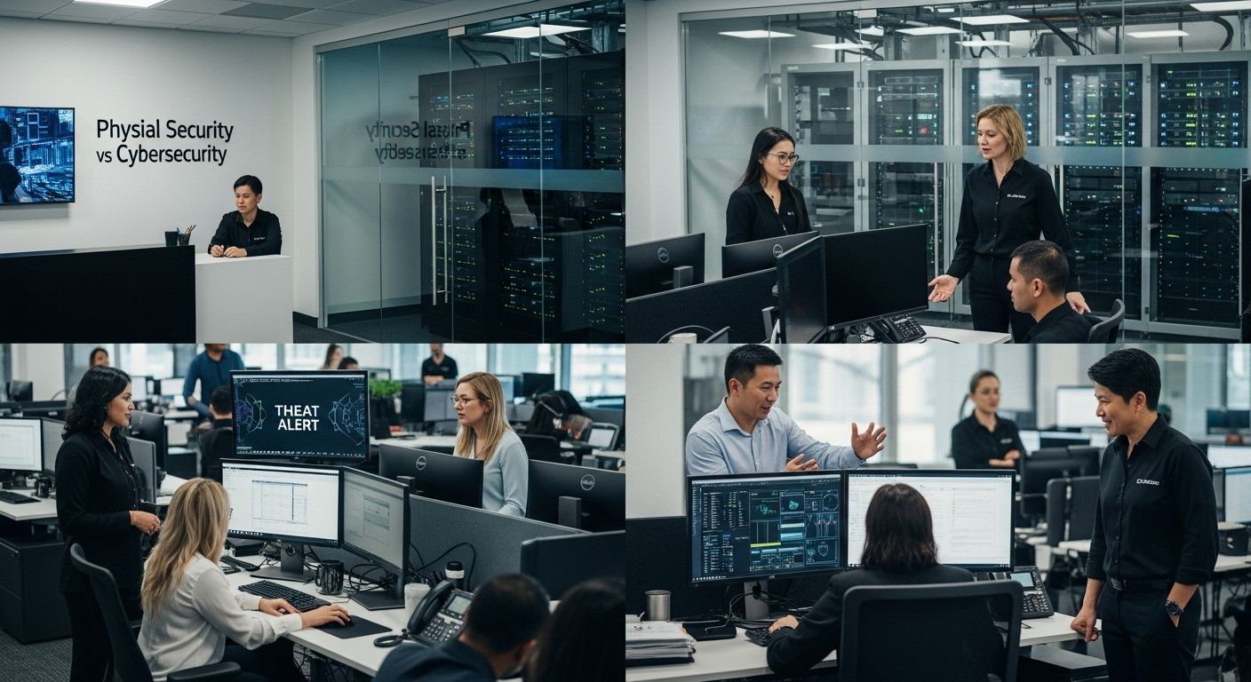 ```json { "alt": "Collage of cybersecurity professionals working in a modern office with computer screens and servers.", "title": "Cybersecurity Professionals in a Modern Office Environment" } ```
