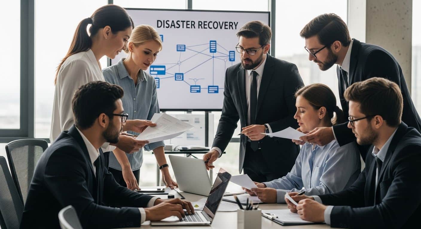 ```json { "alt": "A group of professionals discussing disaster recovery strategies in an office setting.", "title": "Business Meeting on Disaster Recovery Strategies" } ```