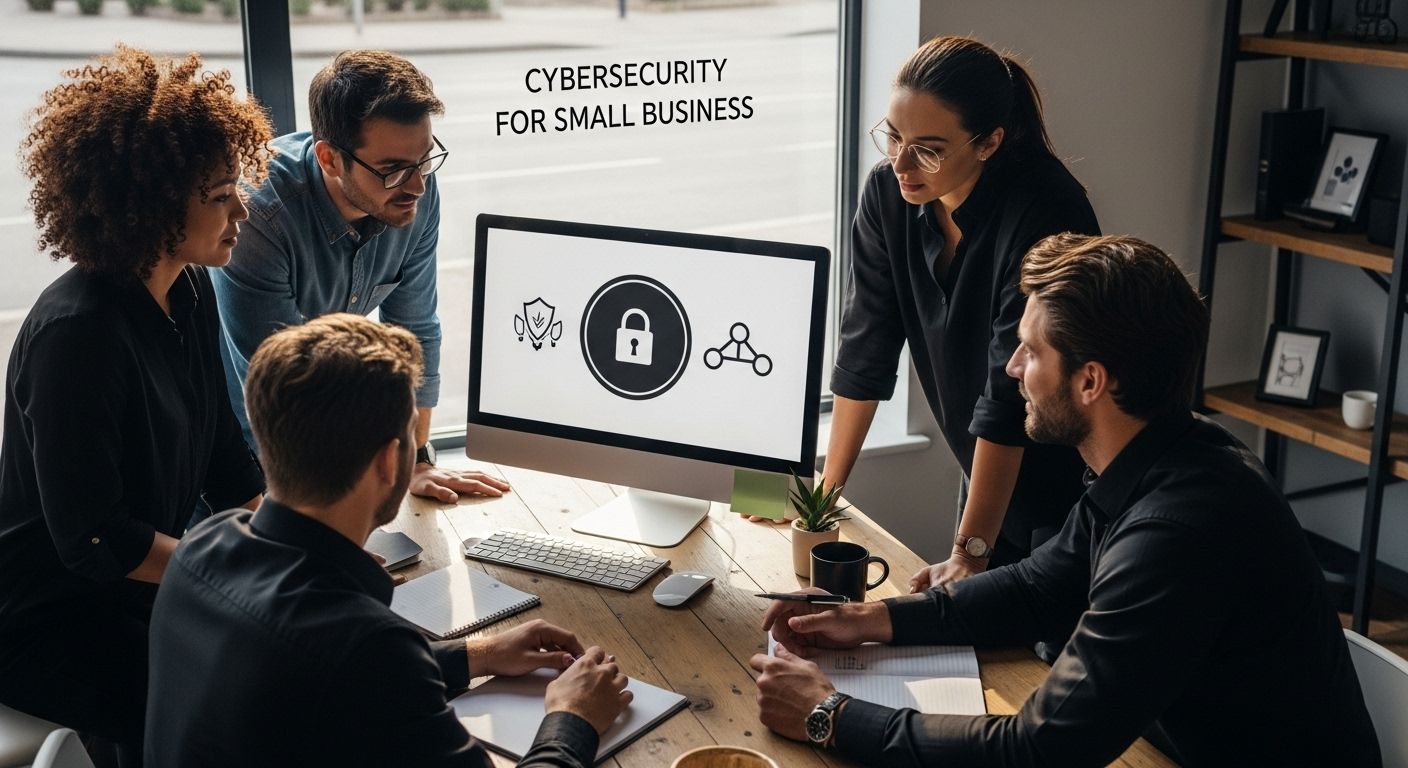 ```json { "alt": "Group of people discussing cybersecurity for small business around a computer.", "title": "Cybersecurity Meeting for Small Business" } ```