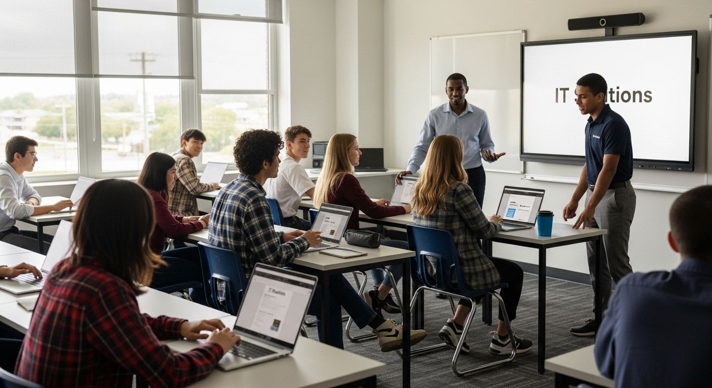 ```json { "alt": "A classroom with students using laptops while listening to a presentation on IT solutions.", "title": "Classroom Presentation on IT Solutions" } ```