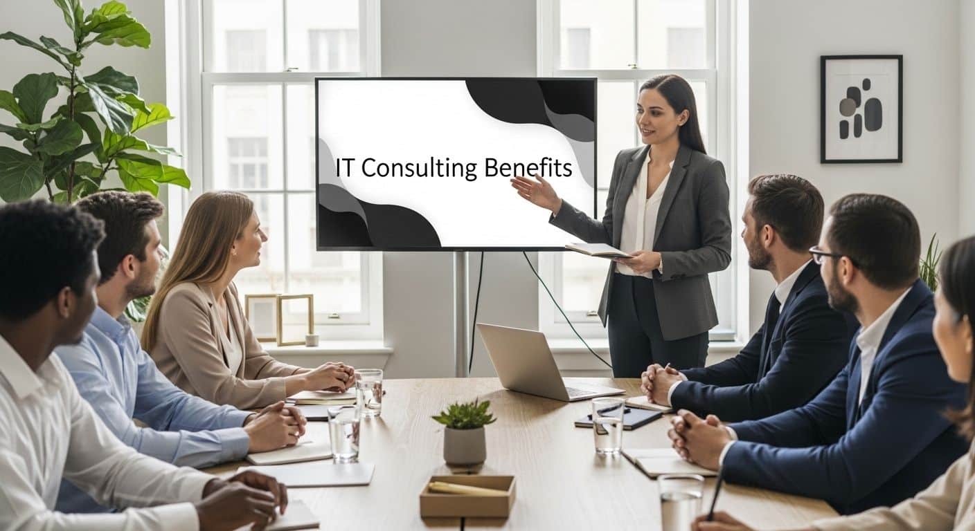 ```json { "alt": "A woman presents 'IT Consulting Benefits' to a group in a meeting room.", "title": "Presentation on IT Consulting Benefits" } ```