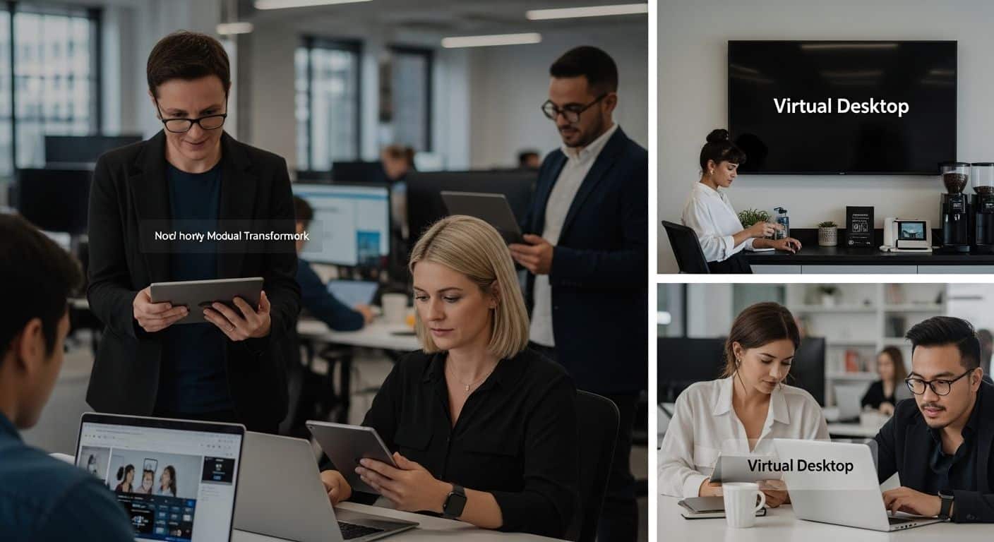 ```json { "alt": "Office workers using various devices in a modern workspace.", "title": "Modern Office with Workers Using Technology" } ```