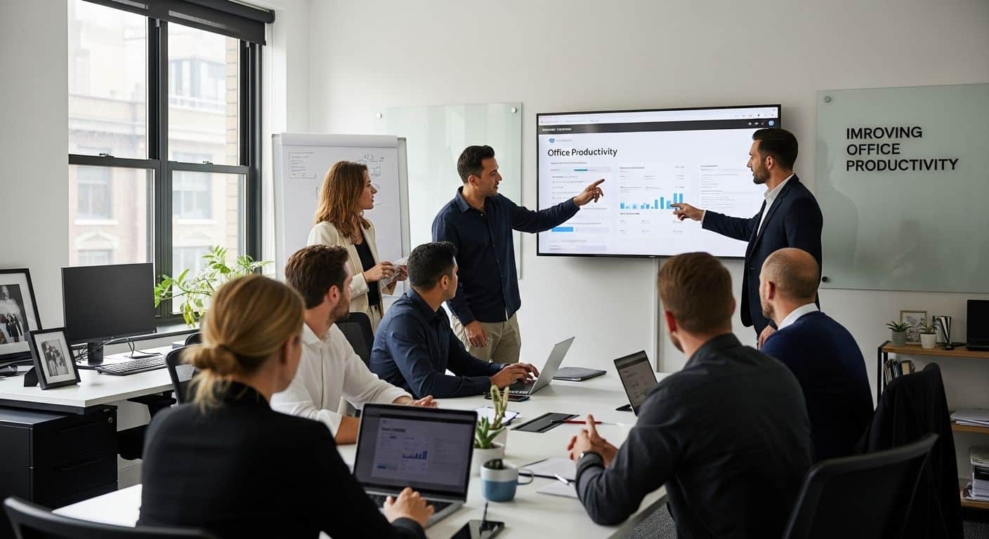 ```json { "alt": "A group of people in a meeting discussing office productivity with a presentation on a screen.", "title": "Team Meeting on Office Productivity" } ```