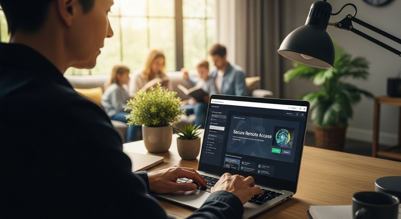 ```json { "alt": "Person using a laptop with secure remote access displayed, while a family sits in the background.", "title": "Person working on secure remote access on a laptop at home." } ```
