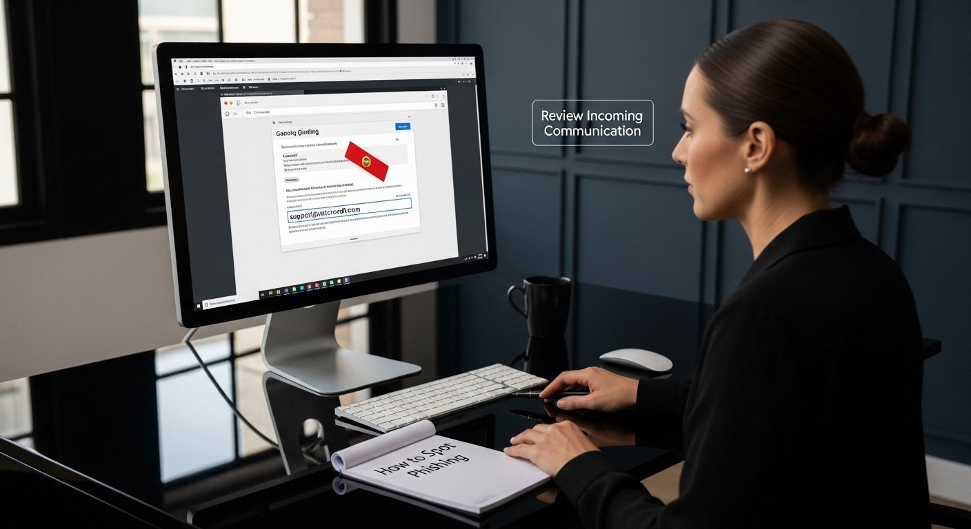 ```json { "alt": "A woman reviewing an email on a computer screen with a notebook titled 'How to Spot Phishing' beside her.", "title": "Woman reviewing email for phishing signs with guidance notebook." } ```