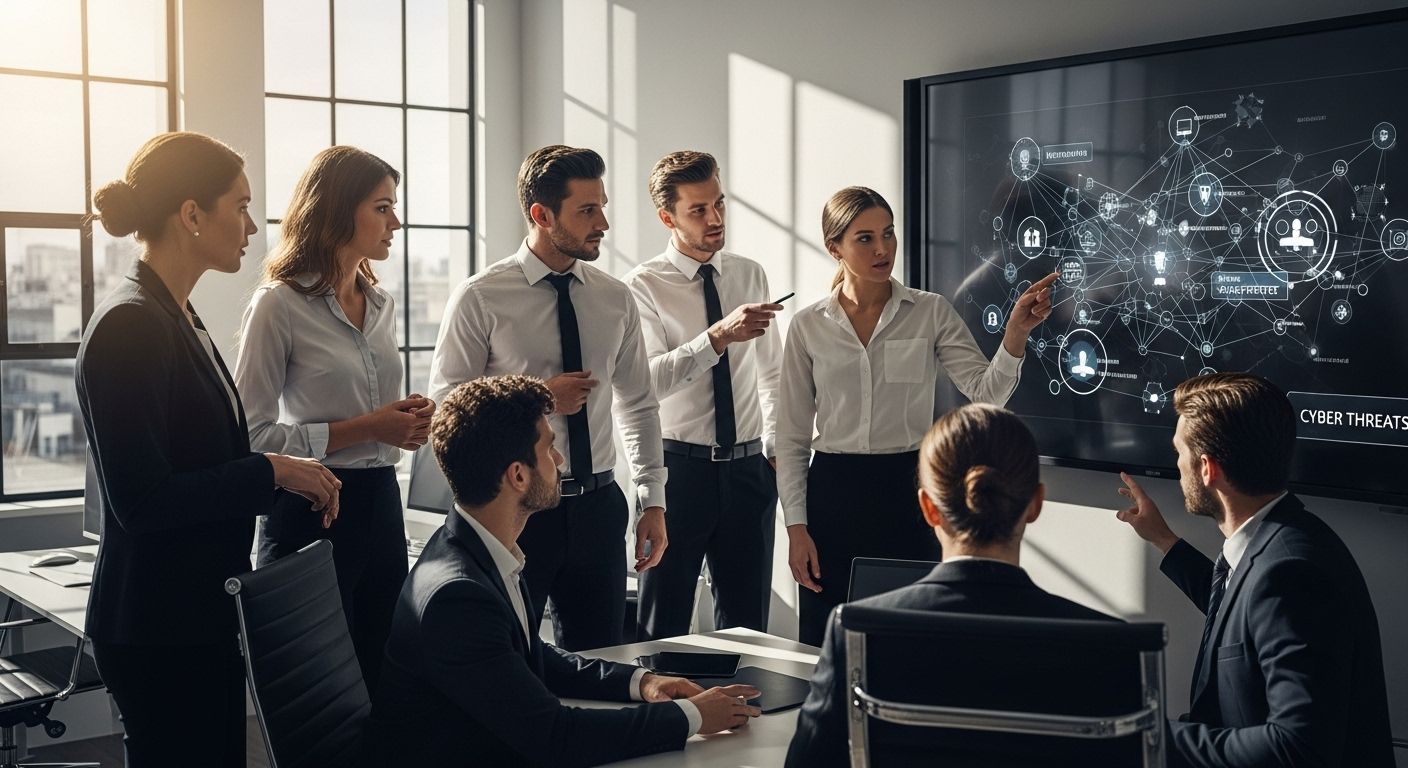 Group of business professionals discussing cyber threats during a presentation, with a digital screen displaying interconnected security icons and data visuals.