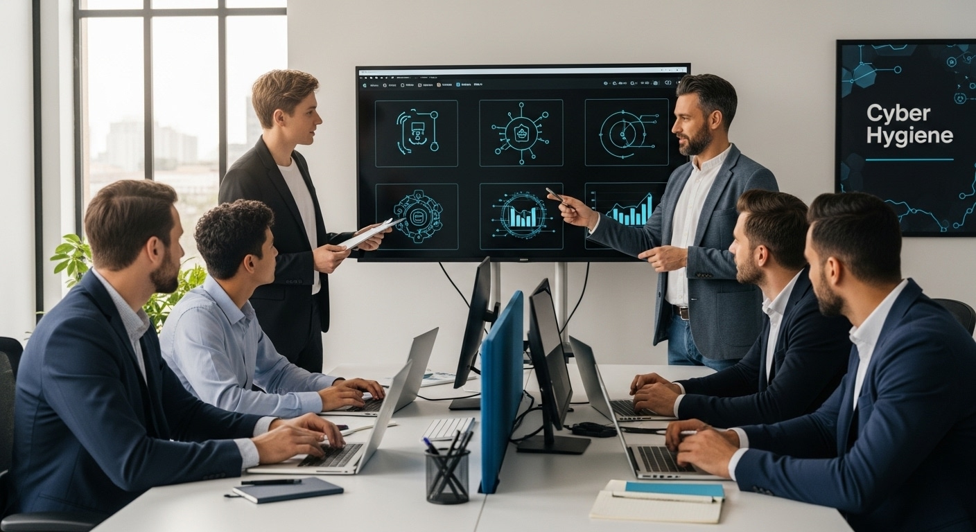 Business meeting focused on cyber hygiene, with presenters discussing digital security strategies using a large display featuring icons and graphs, while attendees engage with laptops.