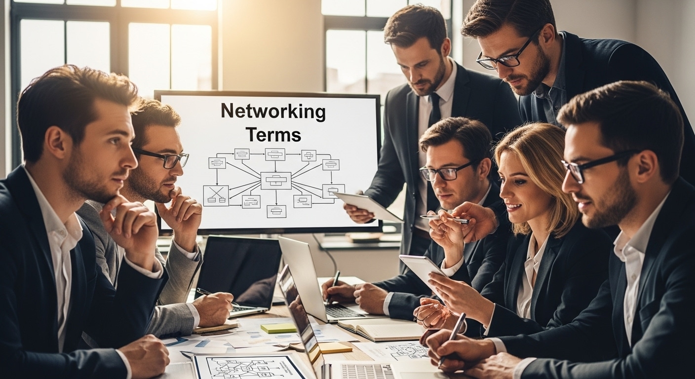 Group of professionals discussing networking terms, with a presentation in the background illustrating networking concepts and diagrams, in a business meeting setting.