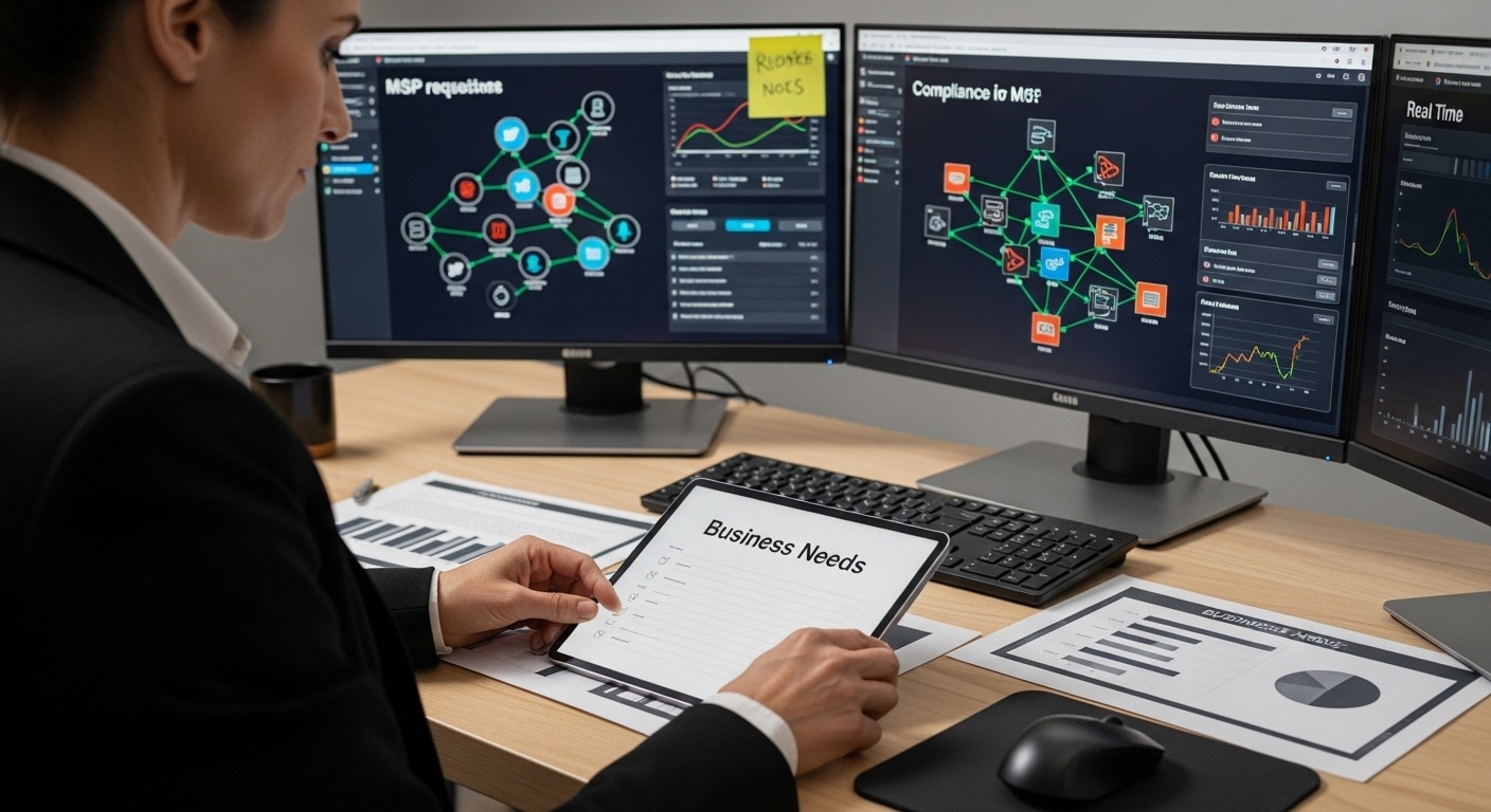Business professional analyzing data on multiple monitors, focusing on "Business Needs" with graphs and network diagrams related to IT services and compliance.