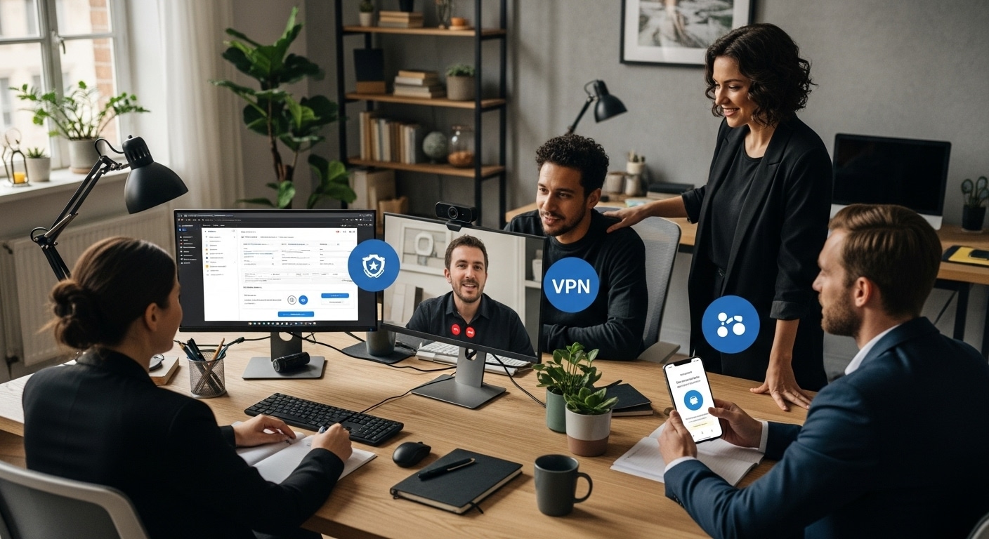 Group of professionals collaborating in a modern office setting, discussing IT security strategies with a focus on VPN technology, displayed on computer screens, emphasizing remote workforce security.