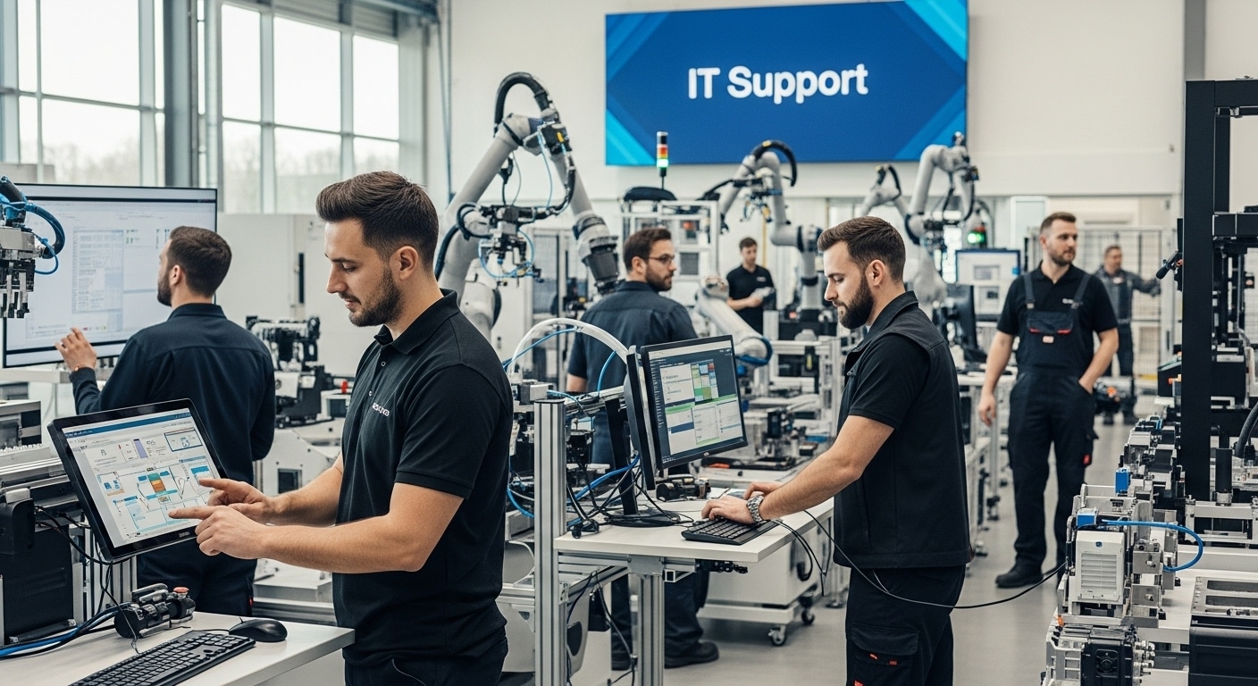 IT support professionals in a modern manufacturing environment, working on computers with robotic machinery in the background, emphasizing the role of IT support in enhancing efficiency and productivity.