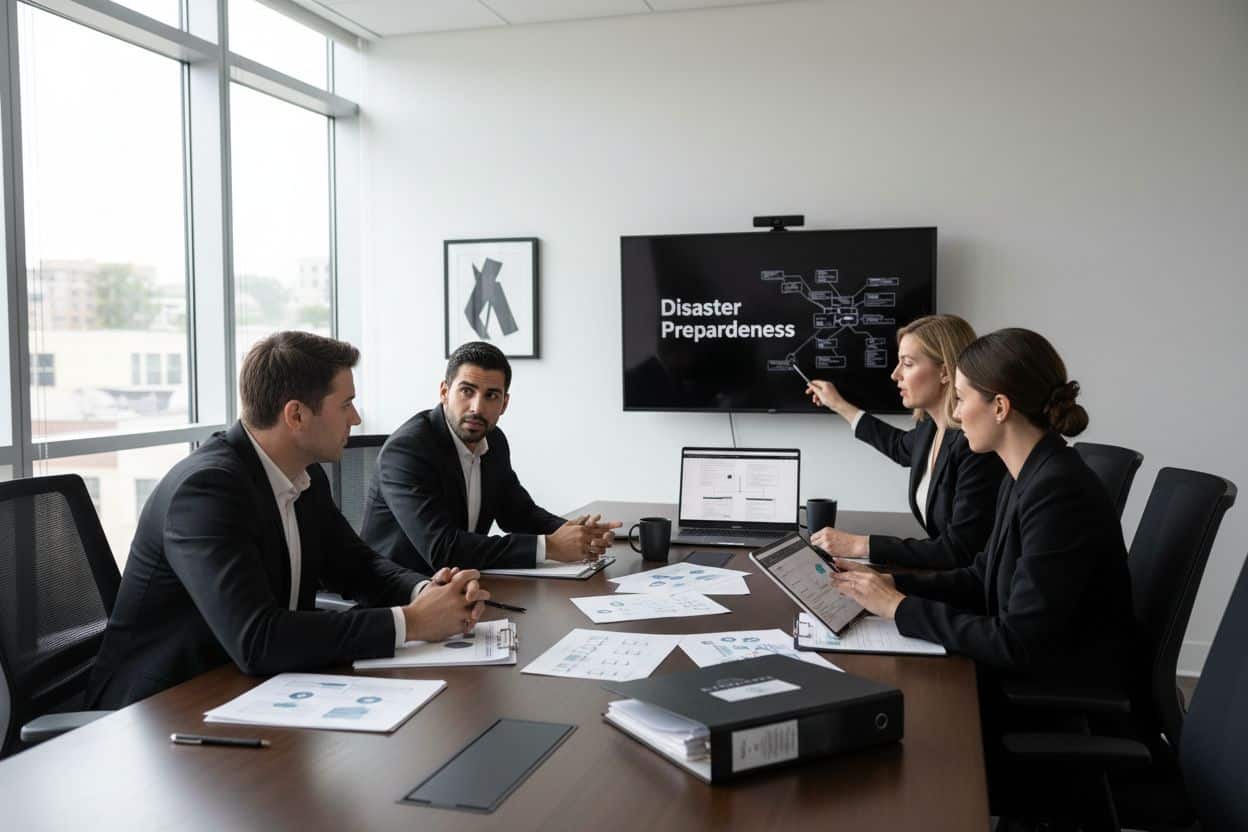 Business meeting on disaster preparedness, featuring four professionals in suits discussing strategies, with a presentation screen displaying "Disaster Preparedness" and various diagrams, emphasizing the importance of business continuity planning.