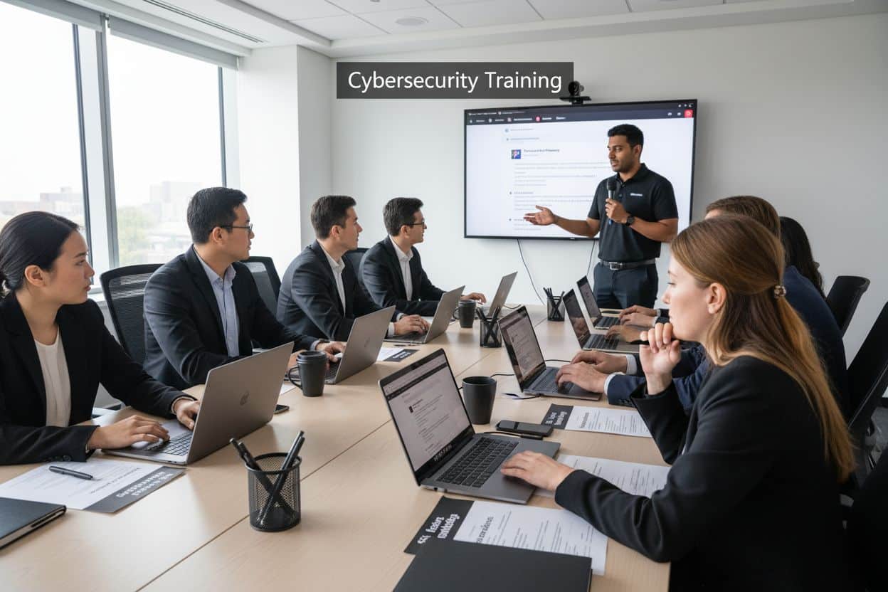 ```json { "alt": "Group of people in a conference room attending cybersecurity training with a presenter and laptops.", "title": "Cybersecurity Training Session" } ```