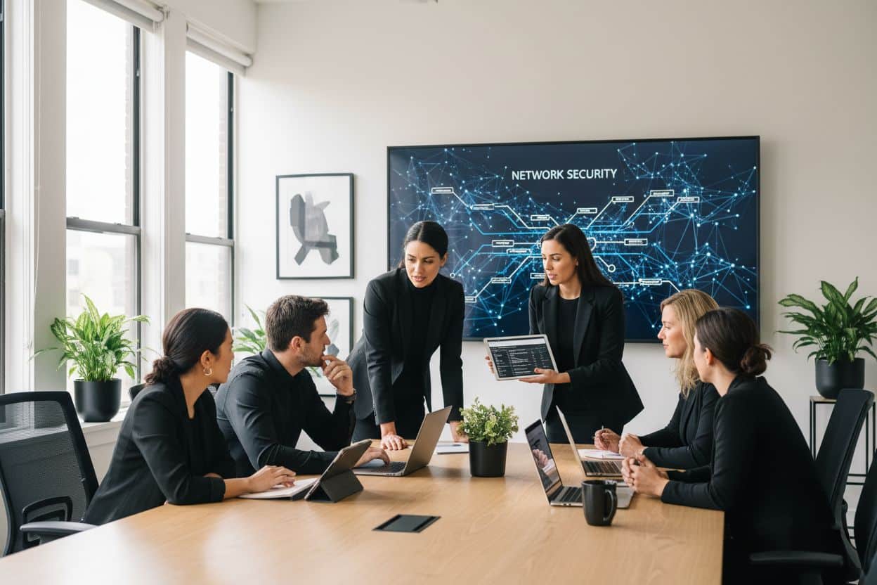 ```json { "alt": "Team in a meeting discussing network security with a presentation screen in the background.", "title": "Business Meeting on Network Security" } ```