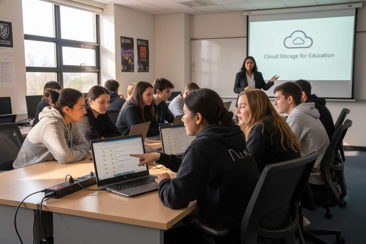 ```json { "alt": "Students in a classroom use laptops while a teacher presents on cloud storage for education.", "title": "Classroom with Students Using Laptops for a Cloud Storage Presentation" } ```