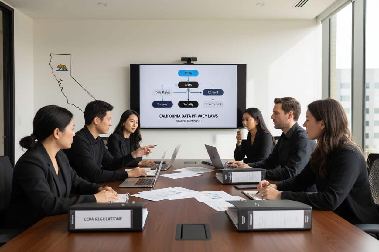 ```json { "alt": "A team meeting discussing California data privacy laws with a presentation on a screen.", "title": "Team Meeting on California Data Privacy Laws" } ```