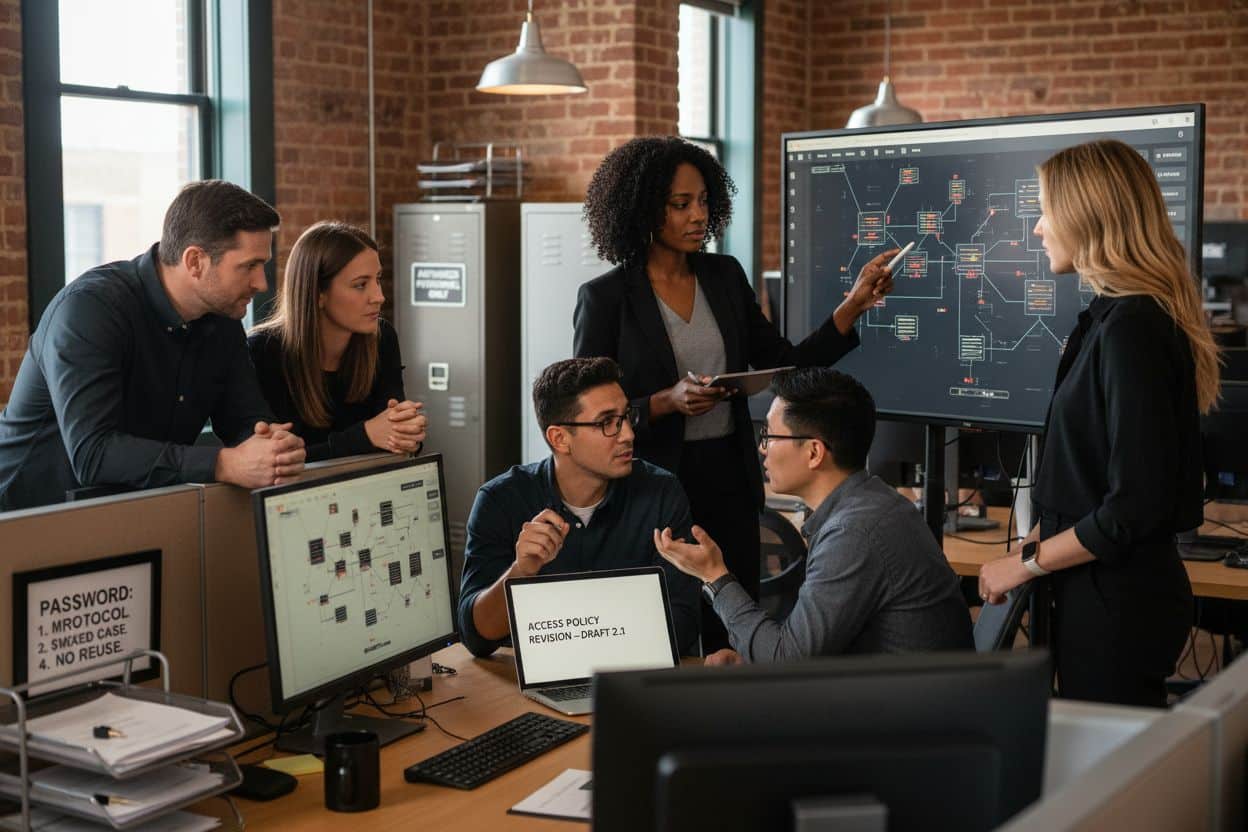 ```json { "alt": "Team collaborating around digital screens in a modern office.", "title": "Office Team Collaboration" } ```