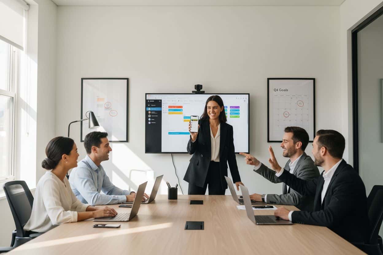 ```json { "alt": "Woman presenting on a phone to colleagues in a conference room.", "title": "Business presentation in a conference room." } ```