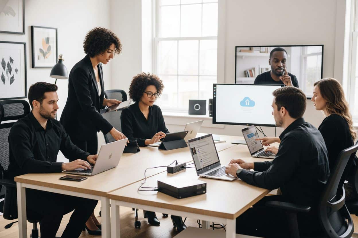 ```json { "alt": "Group of people in a conference room using laptops with a video call on screen.", "title": "Business meeting with a remote video call." } ```